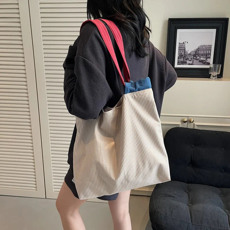 Striped Canvas Tote Bag – Large Color-Block Shoulder Bag