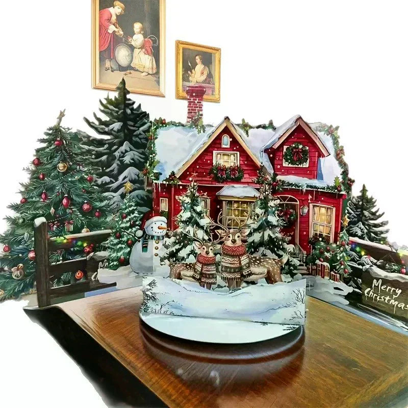 3D Pop-Up Christmas Card – Santa, Reindeer & Snowy Village