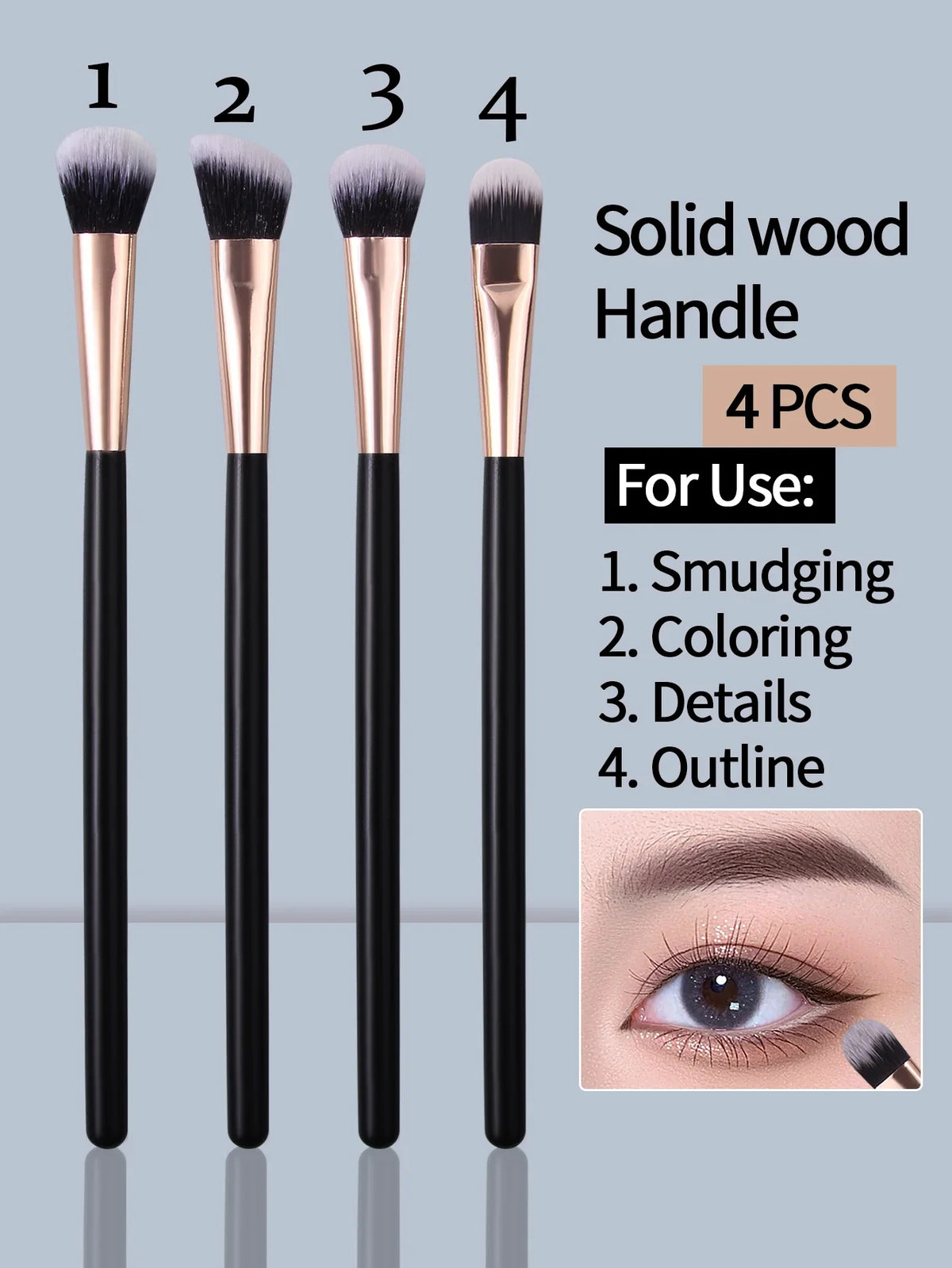 4-Piece Eyeshadow Brush Set | Black Gold Wood Handle Makeup