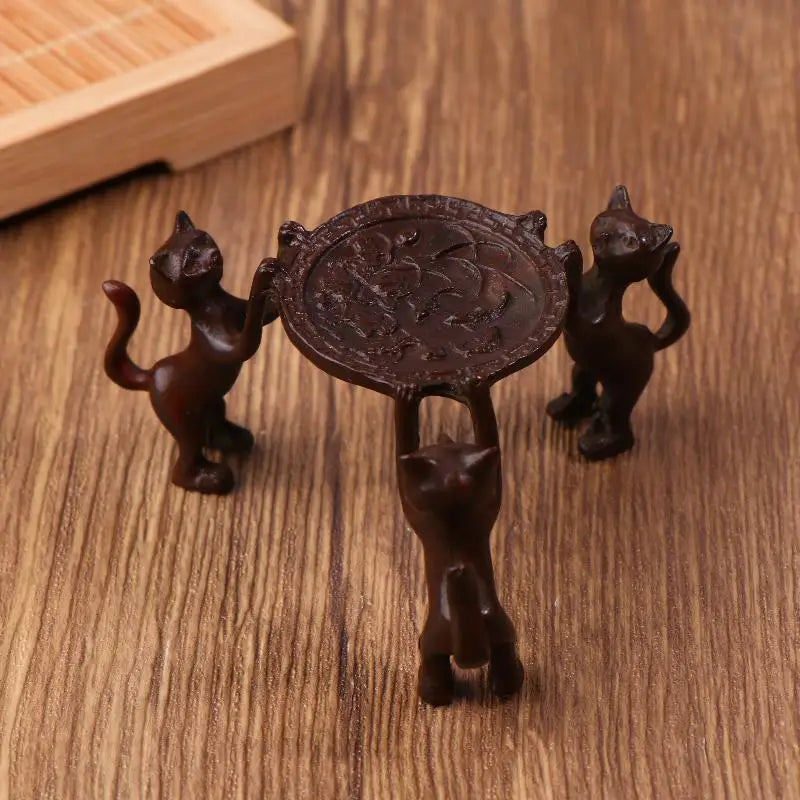 Mini Retro Three-Kitty Bronze Tray – Candle & Incense Holder