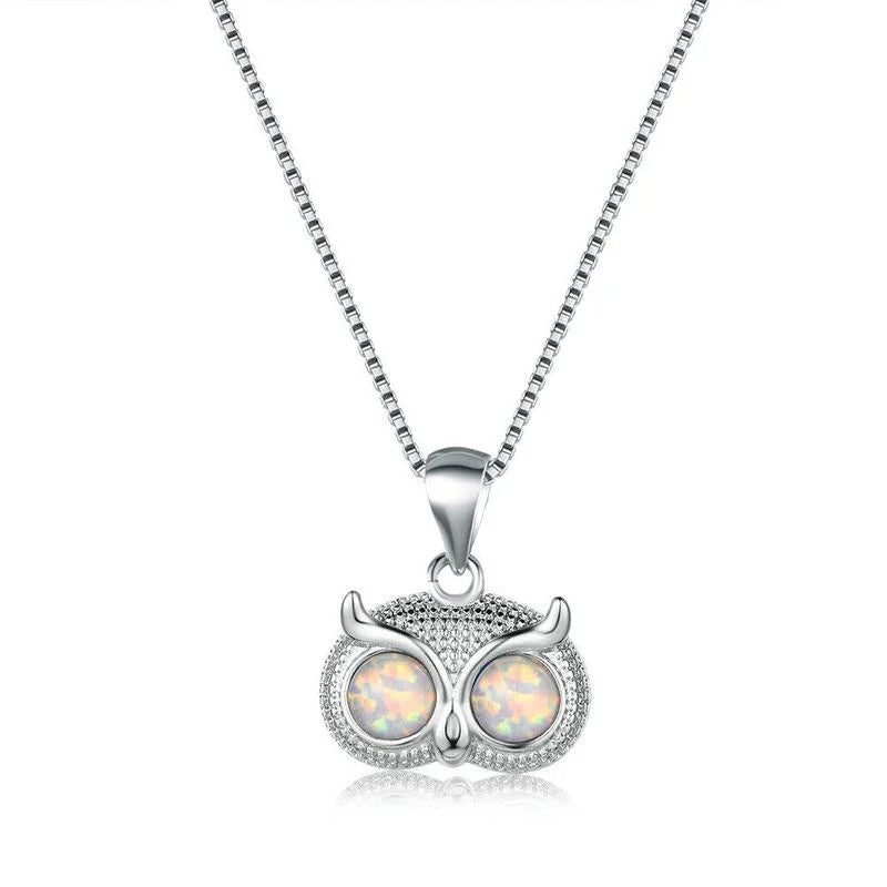 Women's Silver Blue Simulated Opal Owl Pendant Necklace