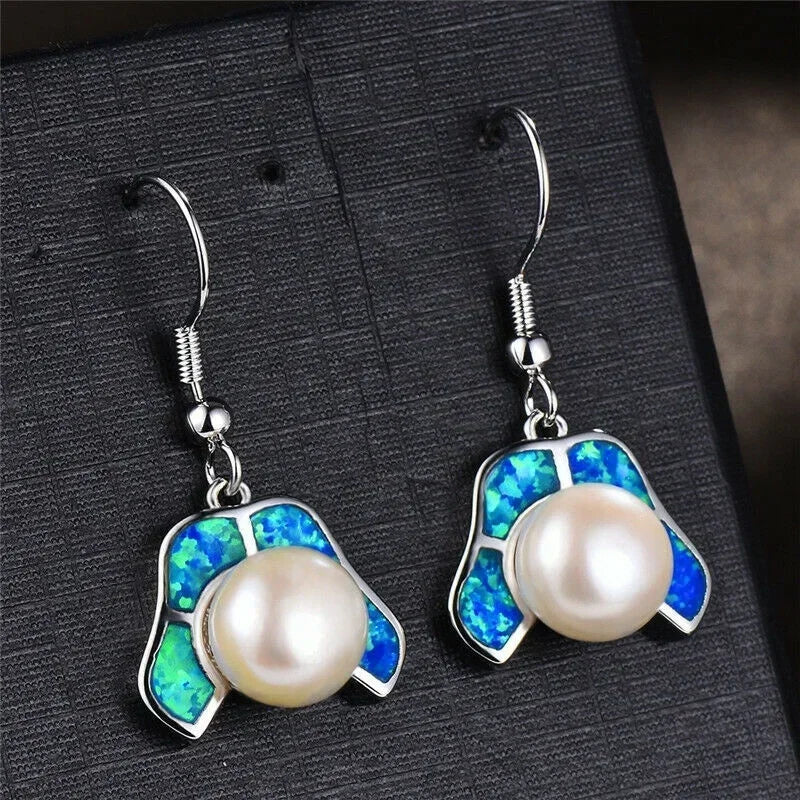 White Pearl Simulated Opal Silver Dangle Drop Earrings