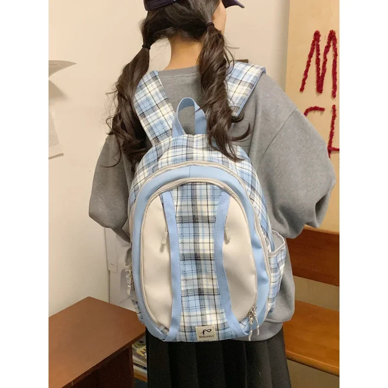 Korean Style Plaid School Backpack – Lightweight Large Capacity