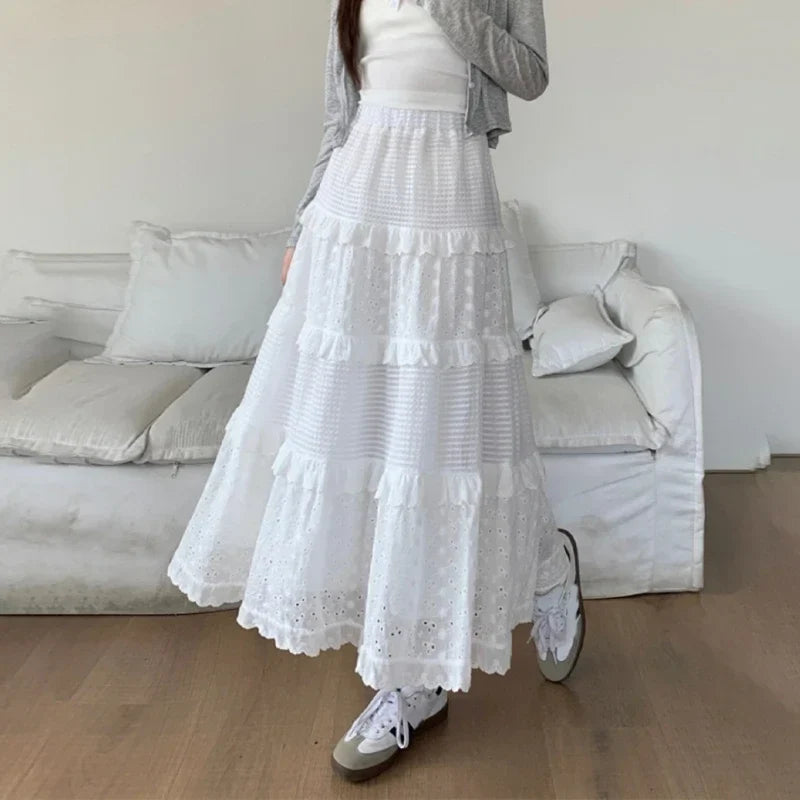 Women's White Lace Ruffle Midi Skirt | High Waist A-Line Ballet