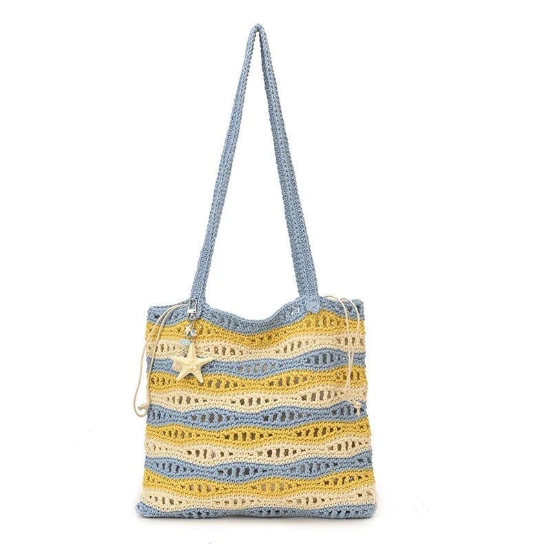 Women's Large Crochet Tote – Two-Tone Striped Shoulder Bag