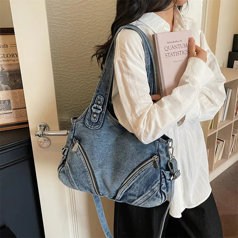 Women's Large Capacity Denim Tote Shoulder Bag – Retro Style