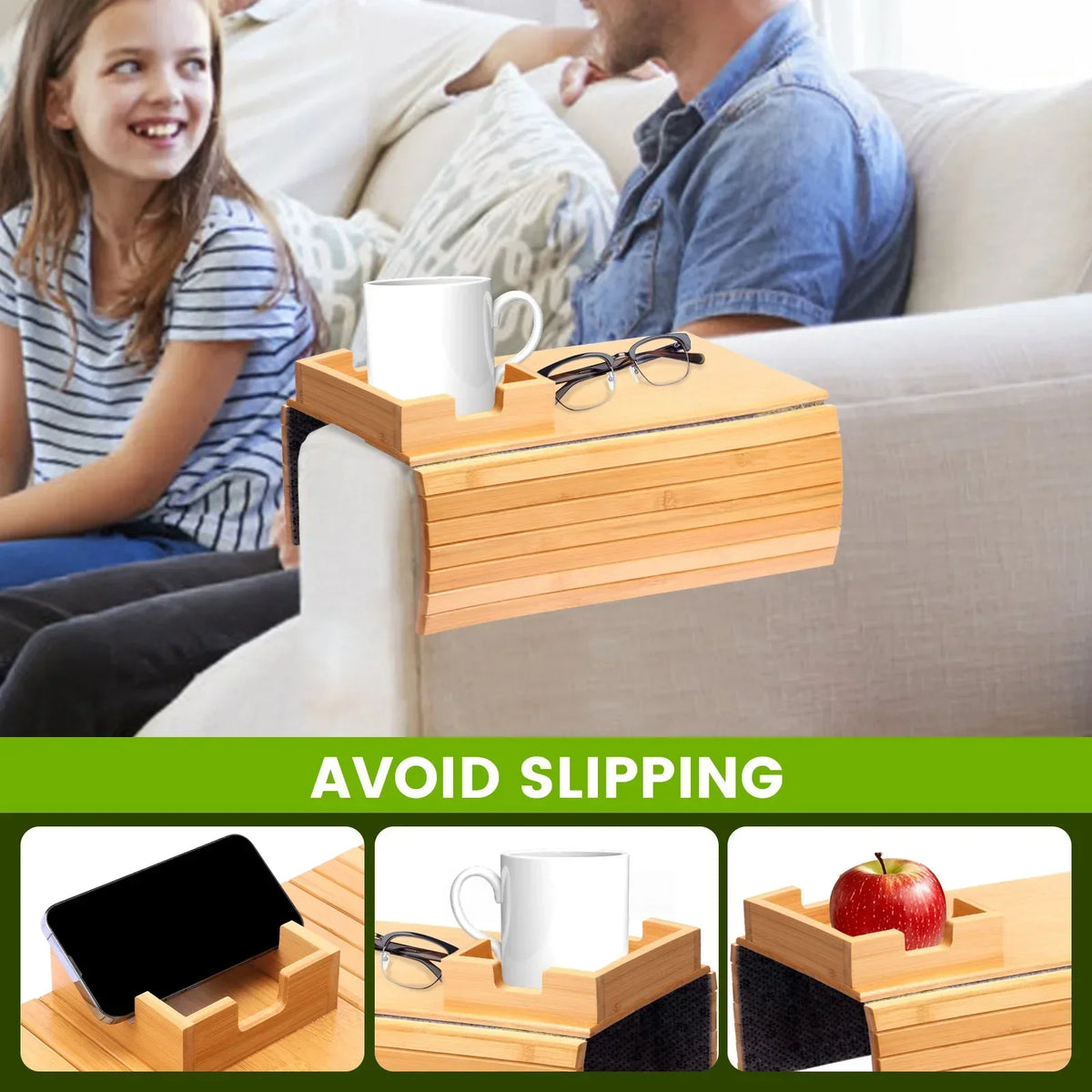 Wooden Sofa Arm Tray – Anti-Slip Couch Cup Holder Organizer
