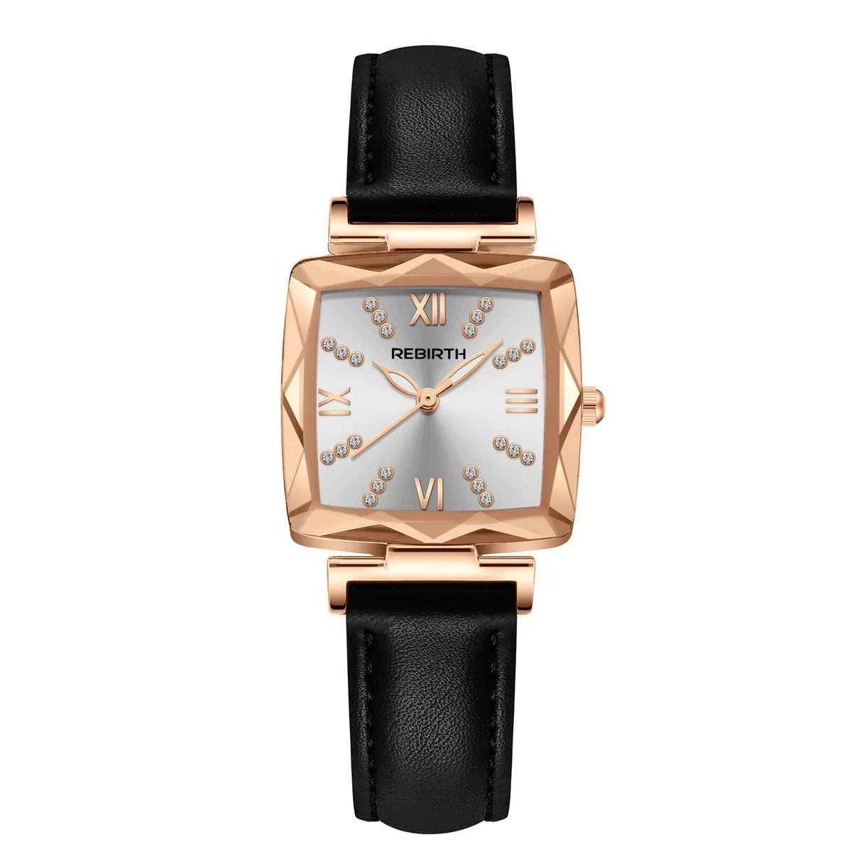 REBIRTH Square Women's Rhinestone Quartz Watch | Leather Band