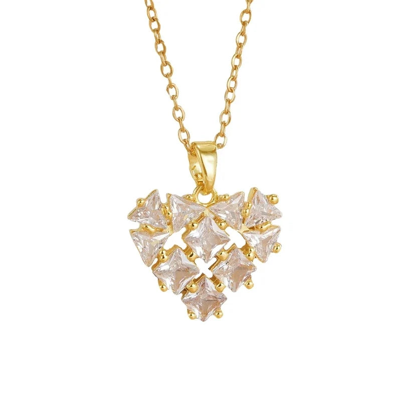 Full Diamond Heart Pendant Necklace – Gold Stainless Steel