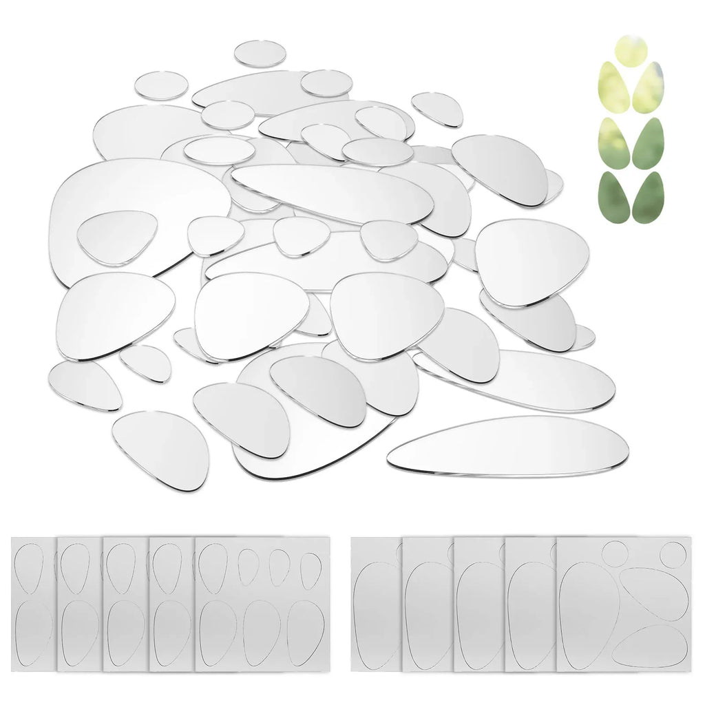 60Pcs Pebble Acrylic Mirror Wall Stickers – Self-Adhesive Tiles