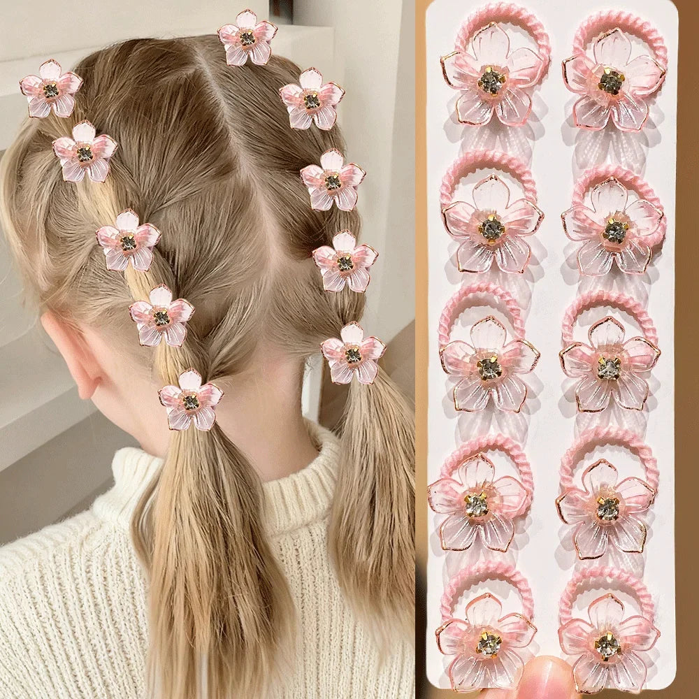 10pcs Girls Rhinestone Flower Elastic Hair Ties | Hair Bands