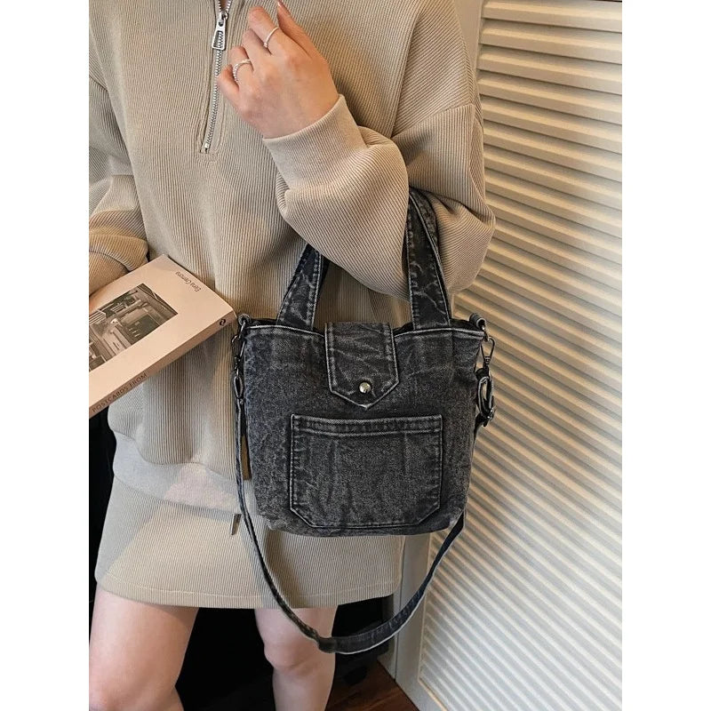 Denim Vintage Bucket Bag for Women – Casual Daily Handbag