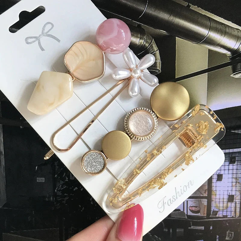 Pearl Crystal Hair Clips Set – Korean Geometric Barrettes