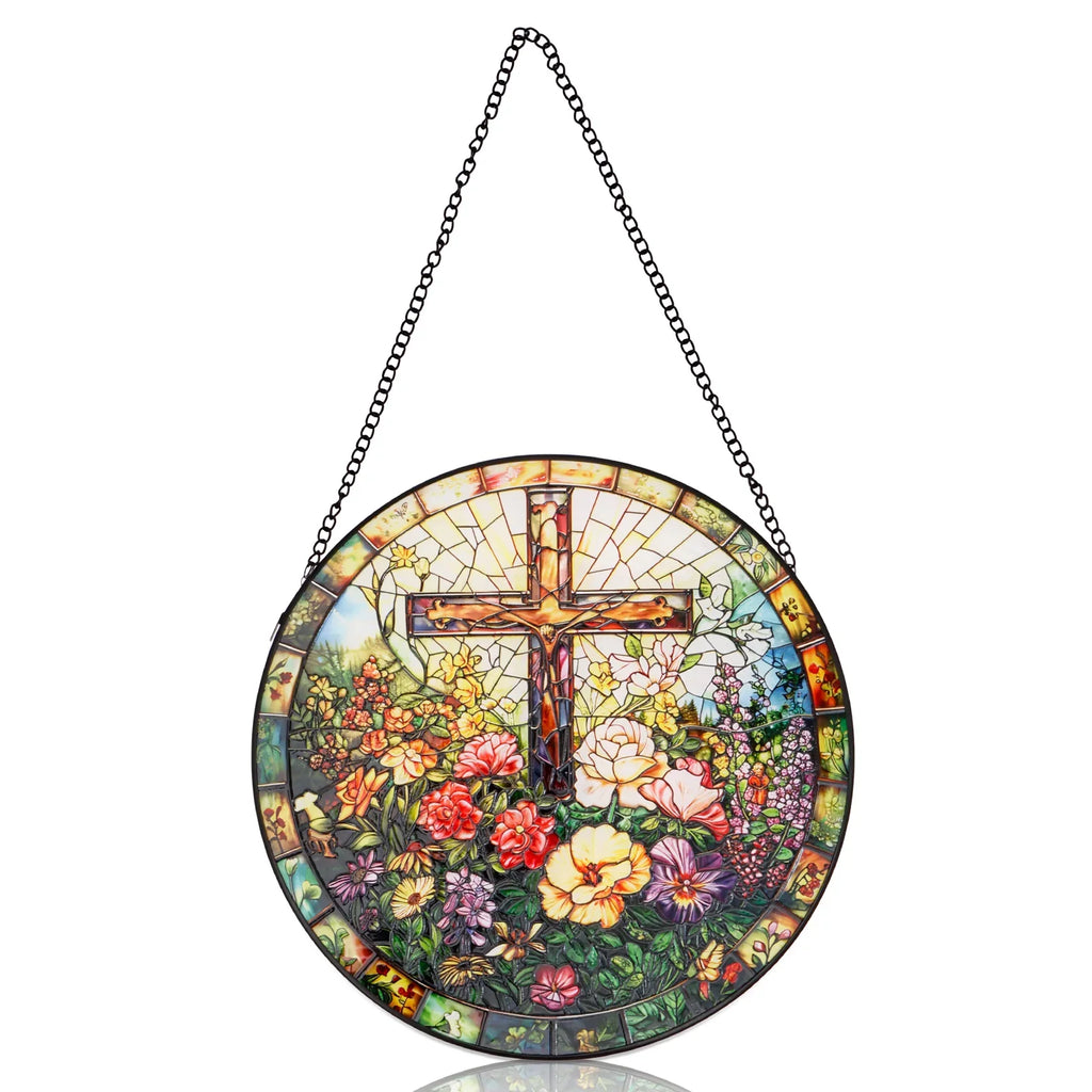 Stained Glass Cross Suncatcher 9.84" – Window Hanging Decor