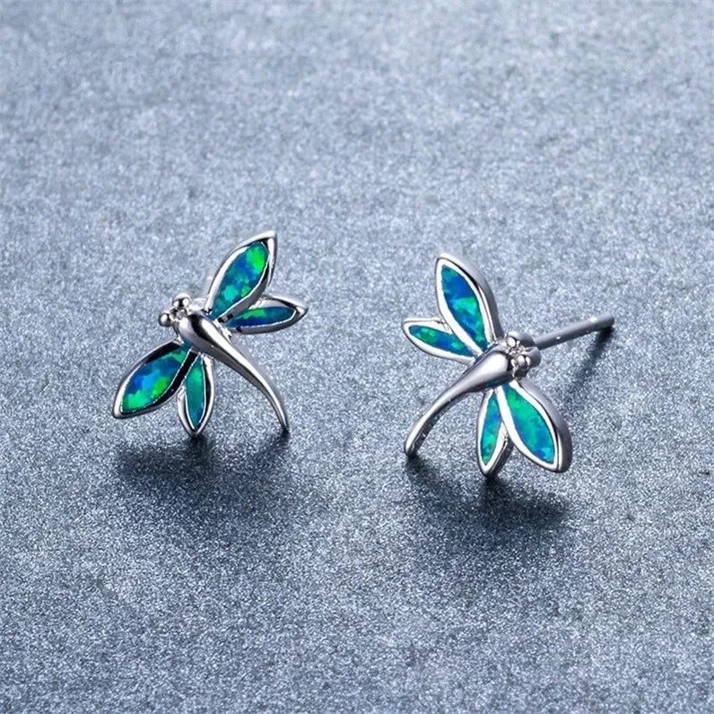 Women's Dragonfly Simulated Opal Stud Earrings – Silver Blue