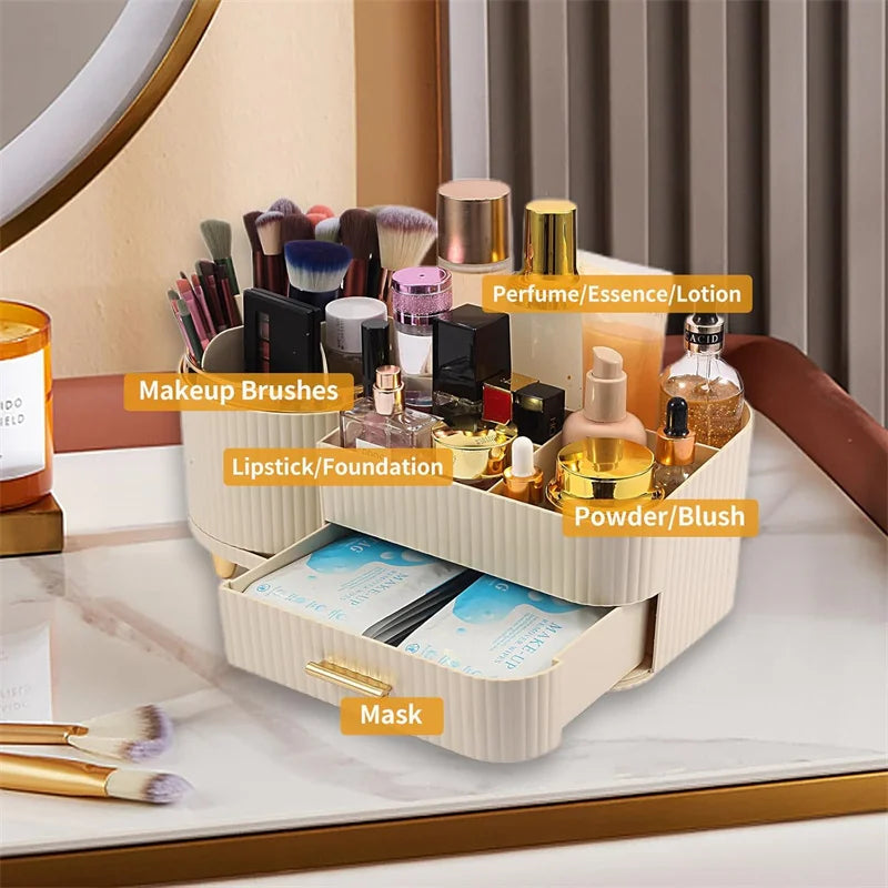 360 Rotating Makeup Brush Organizer with Drawer | Cream White