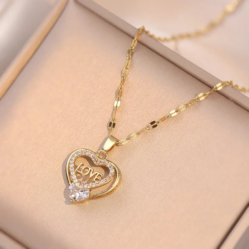 Women's Gold Heart Pendant Necklace | Zircon Clavicle Chain