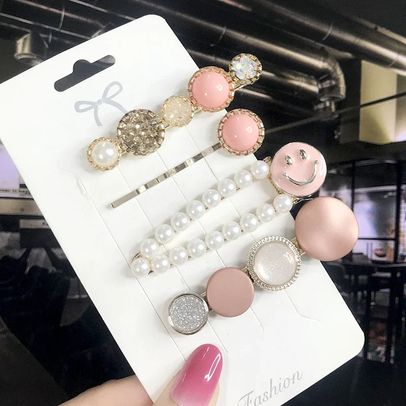 Pearl Crystal Hair Clips Set – Korean Geometric Barrettes