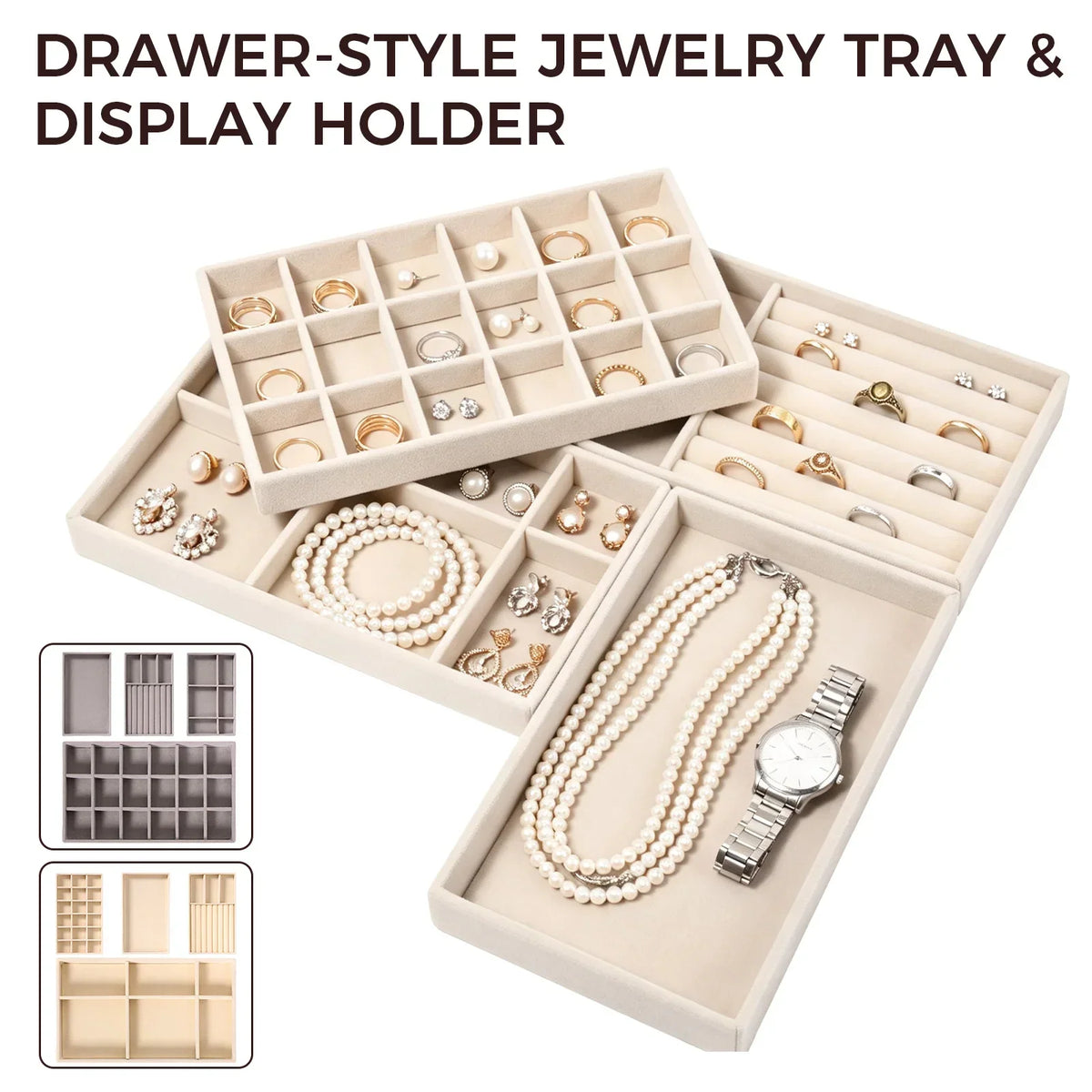 4-Piece Velvet Jewelry Tray Set – Stackable Drawer Organizer