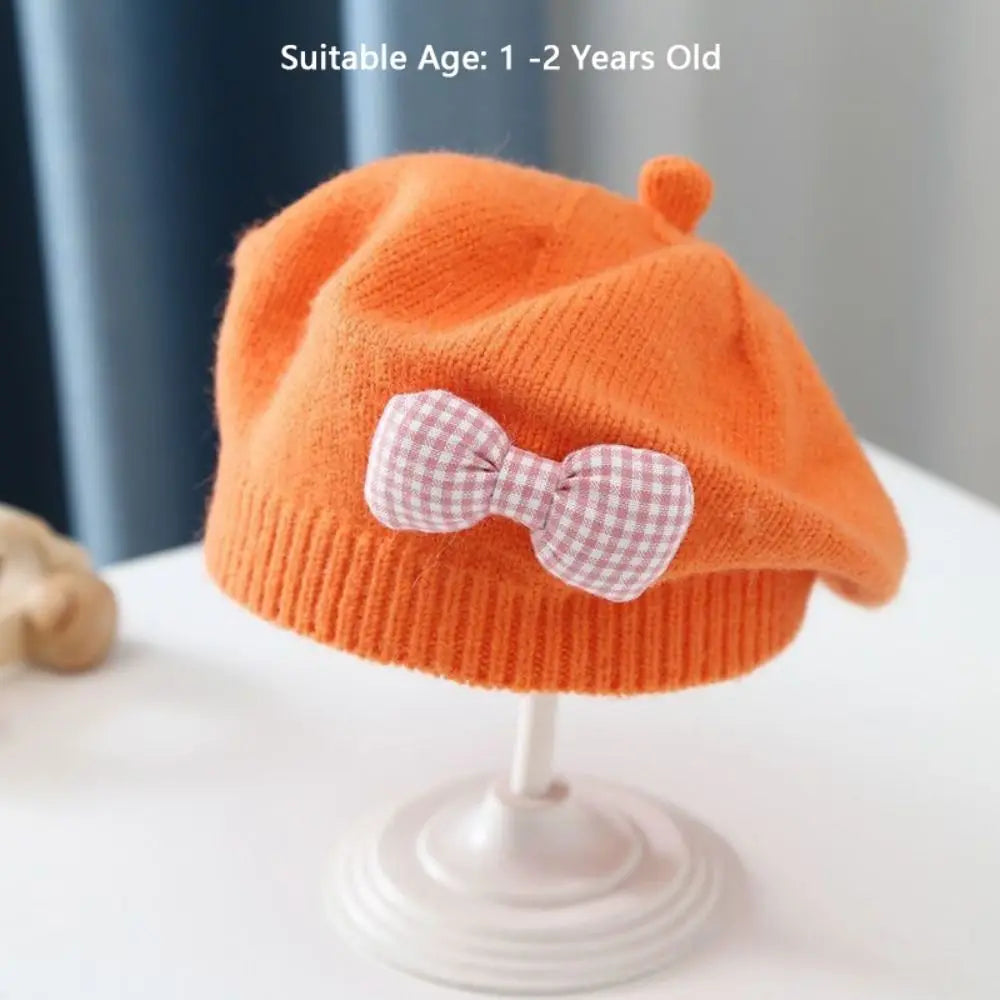 Toddler Bowknot Knit Beret Hat – Warm Windproof Beanie 1–3Y