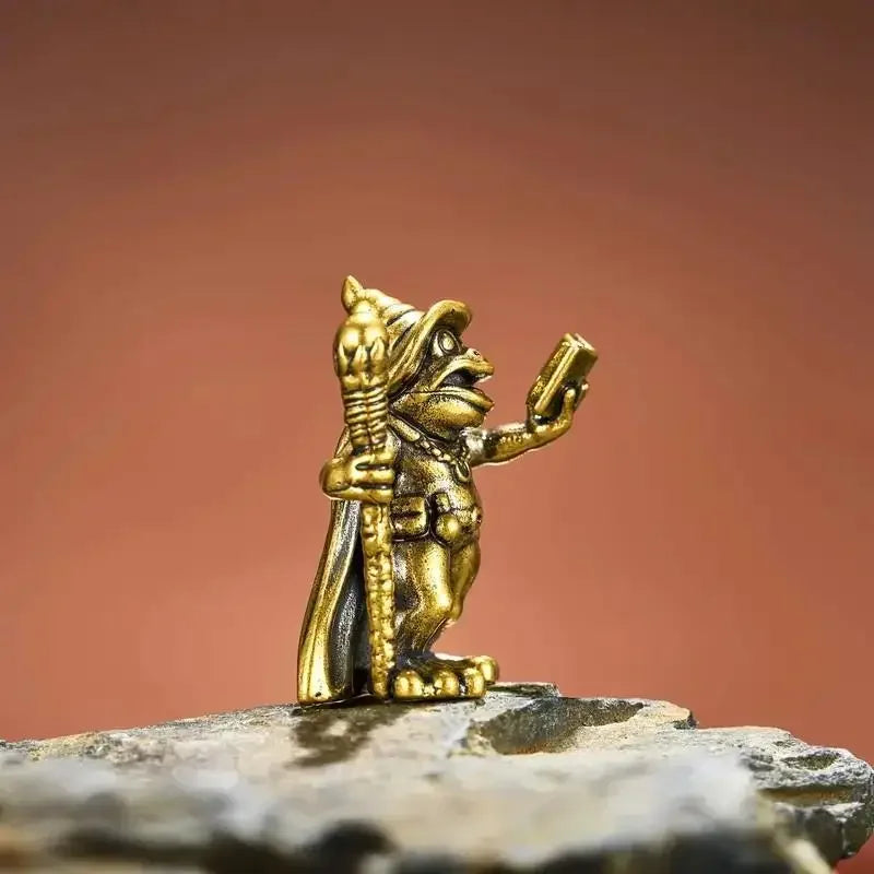 Vintage Brass Frog Wizard Statue – Magic Wand Figurine