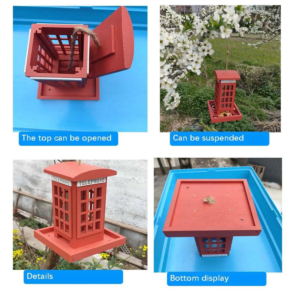 Red Telephone Box Wooden Bird Feeder – Hangable Garden Decor
