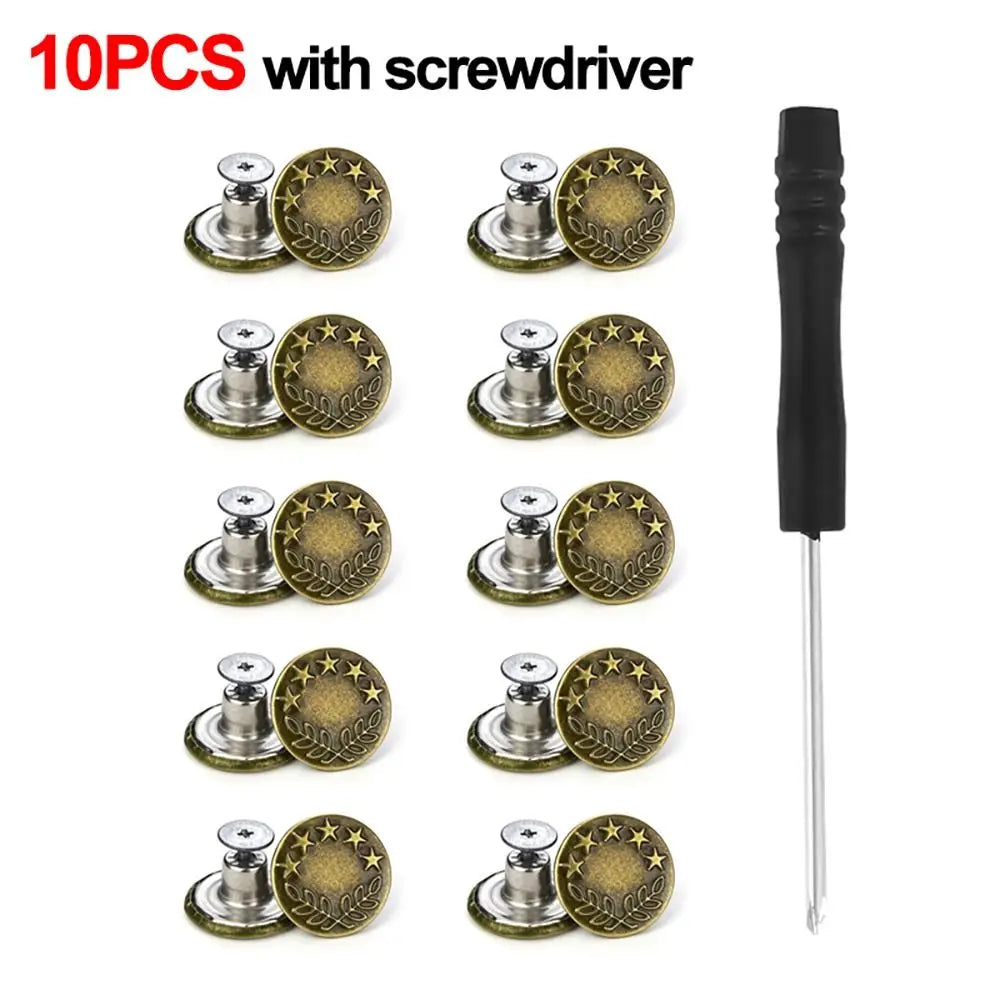 10-Pack No-Sew Jeans Buttons 17mm Metal Shank with Screwdriver