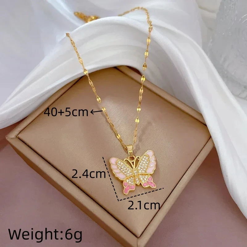 Zircon Butterfly Pendant Necklace | Gold Stainless Steel
