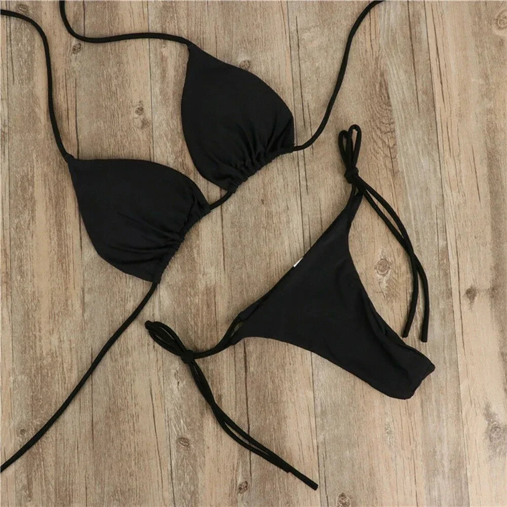 Women's Halter Neck Bikini Set – Solid Color Thong Swimsuit