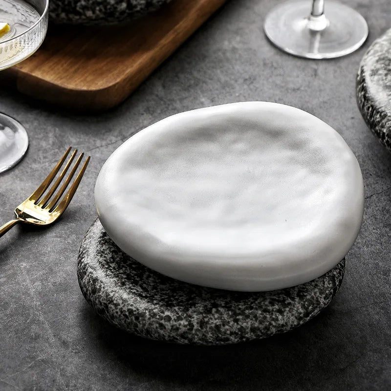 Japanese Stone Pattern Ceramic Plates – Sushi, Steak & Dinner