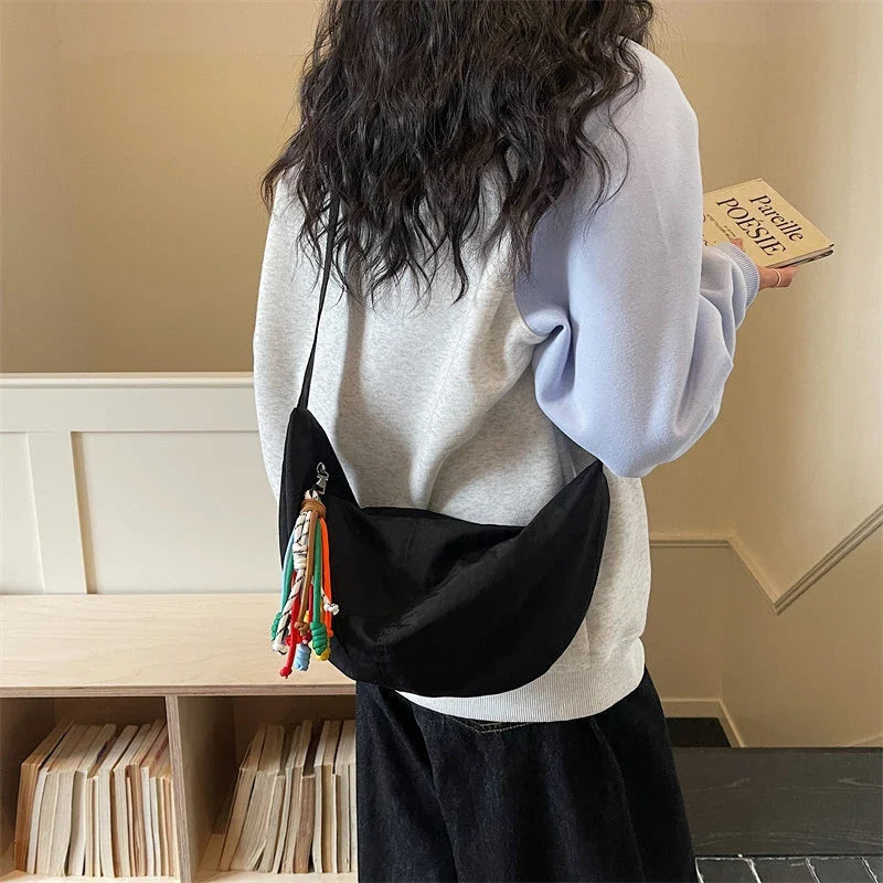 Korean Minimalist Croissant Crossbody Bag – Solid Color Nylon