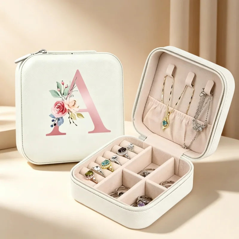 White Floral PU Leather Jewelry Box – A-Z Ring & Earring Organizer