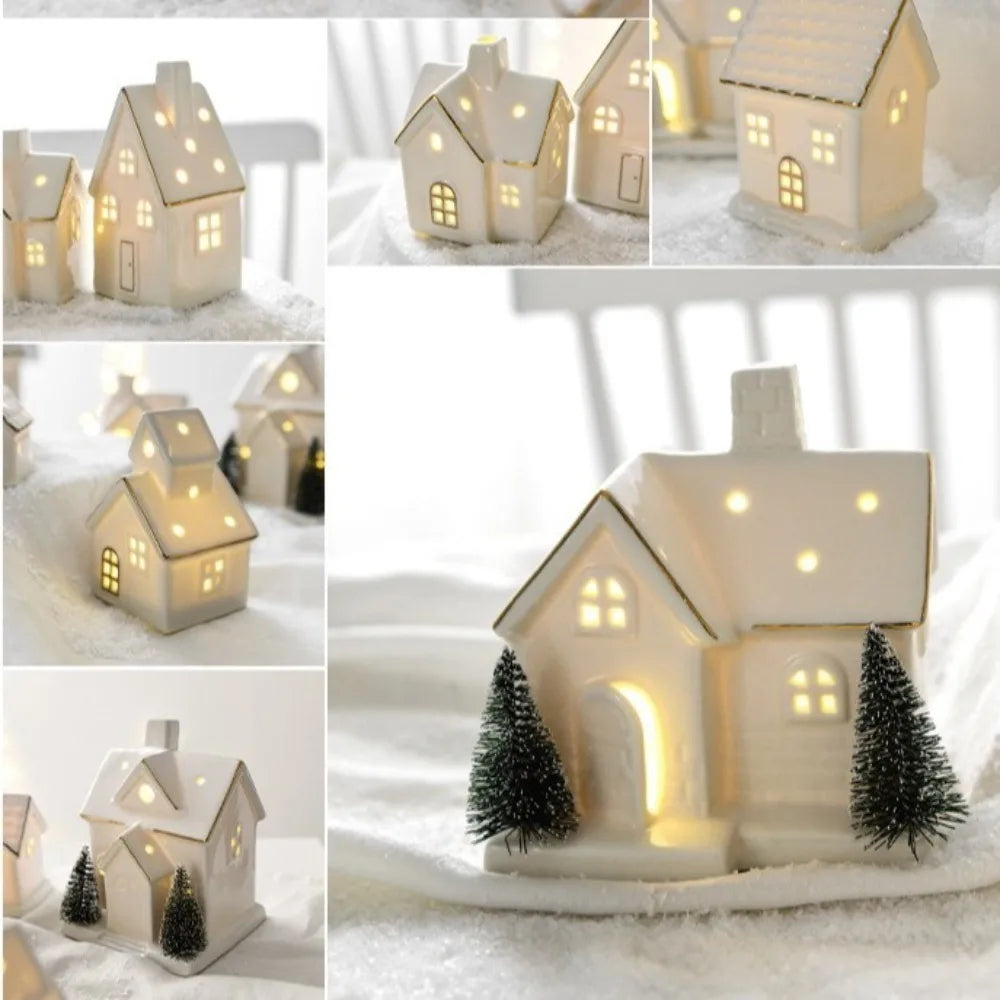 LED Light-Up Ceramic Christmas Village Houses | White Porcelain