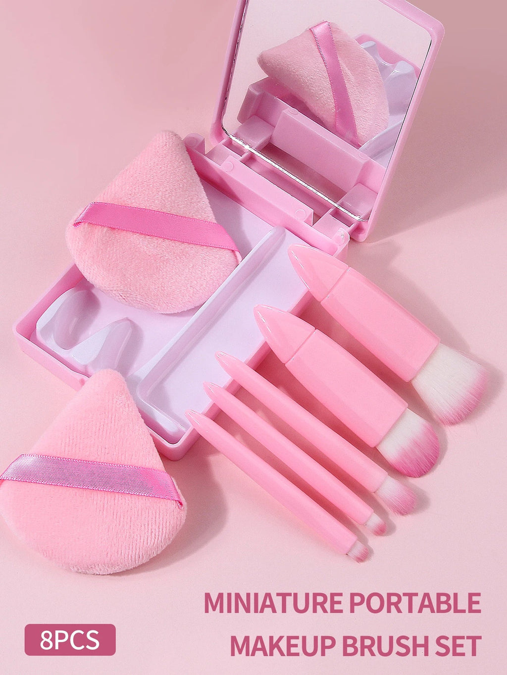 Pink Makeup Brush Set with Mirror – 7-Piece Travel Beauty Kit