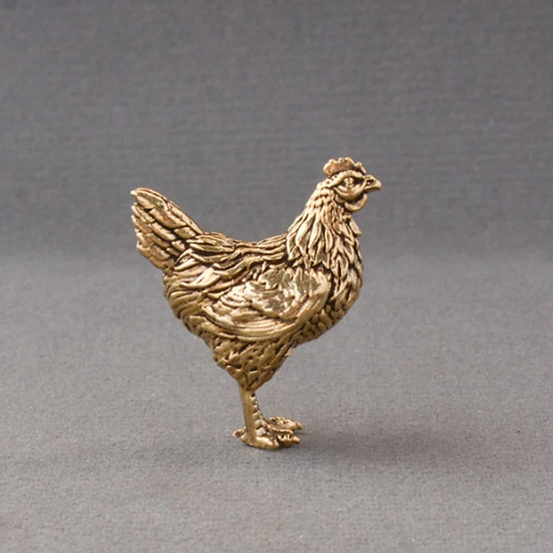 Solid Brass Rooster & Hen Miniature Statue Desk Ornament
