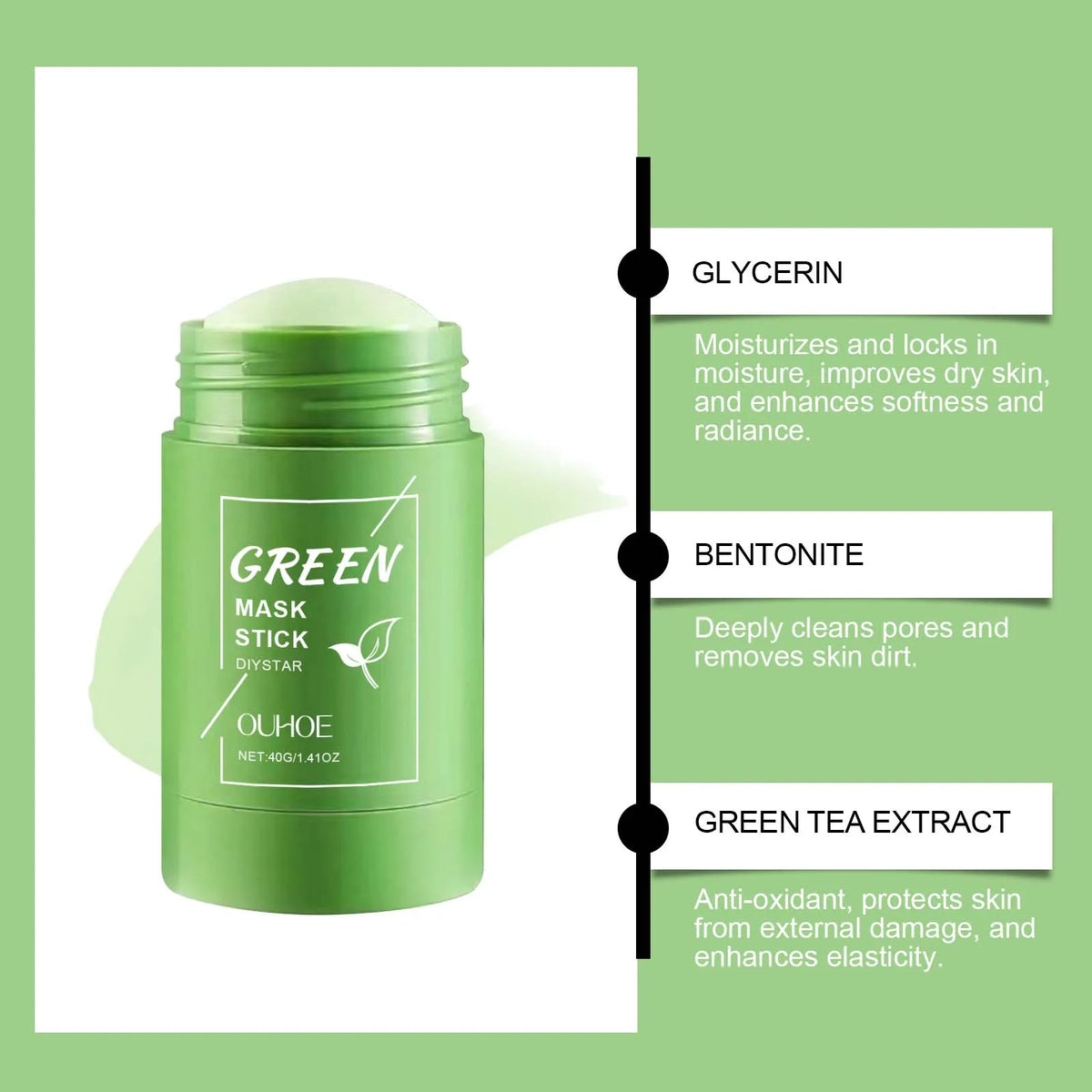 OUHOE Green Tea Solid Face Mask Stick | Pore Cleansing 40g