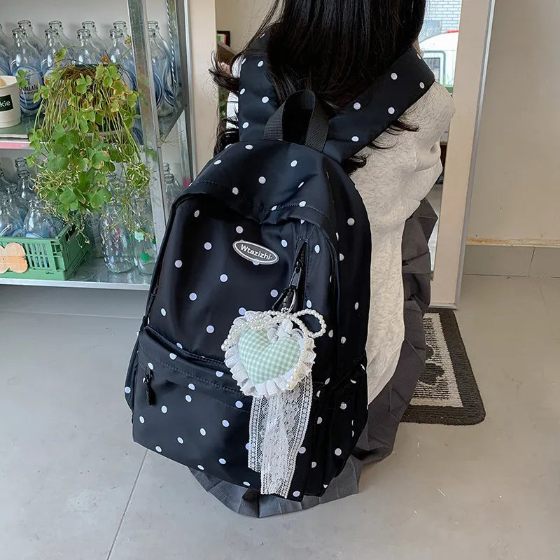 Korean Polka Dot Backpack – Cute Bow Lace Large School Bag