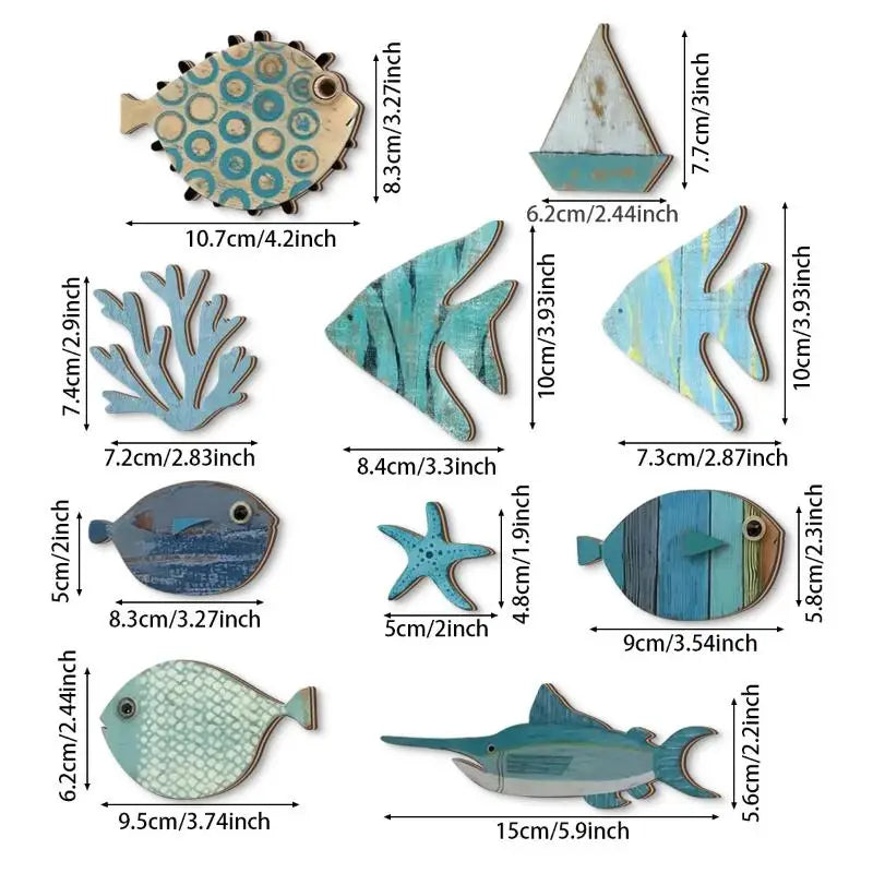 10-Piece Wooden Fish Wall Decor – Nautical Coastal Beach Art