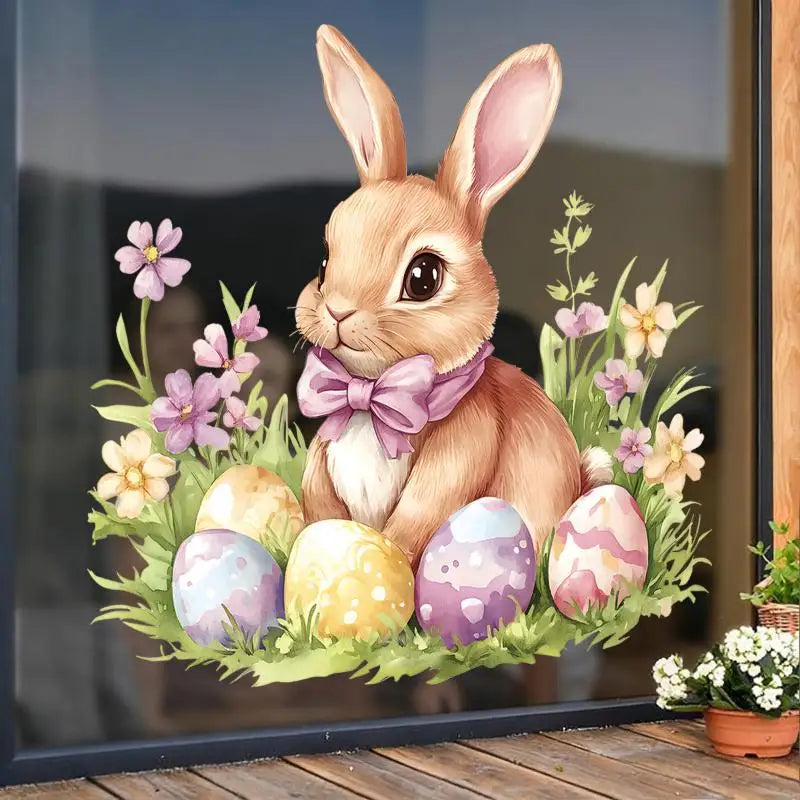 Easter Bunny & Flower PVC Window Stickers – Removable Decals