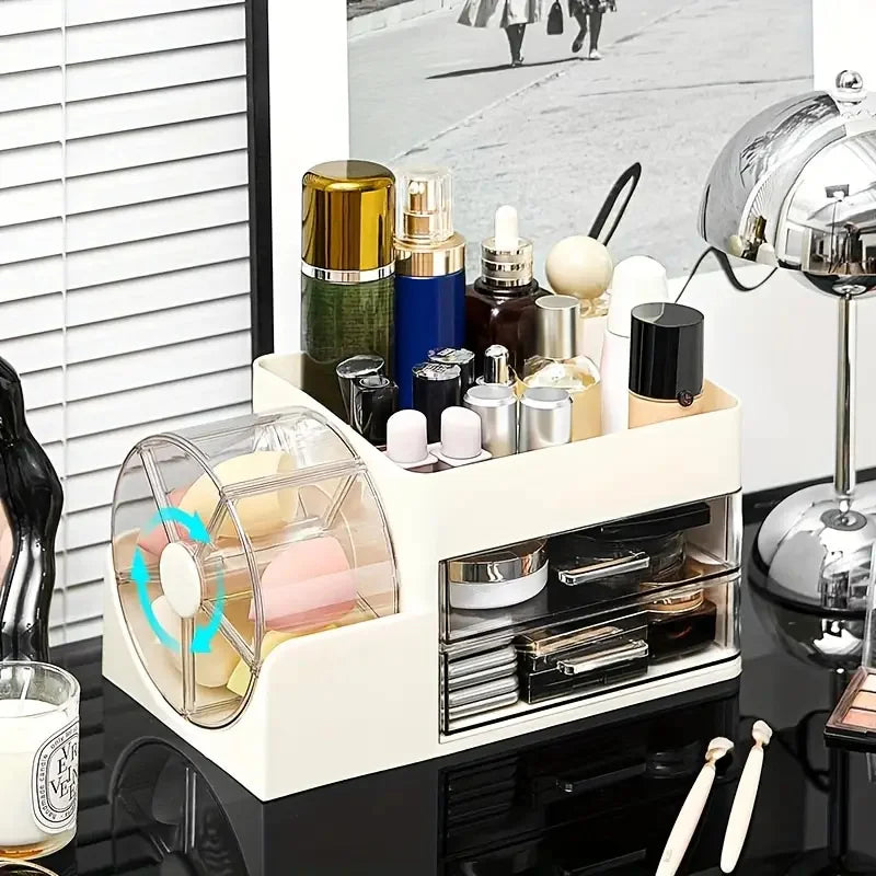 Rotating Desktop Makeup Organizer with Drawers & Shelves