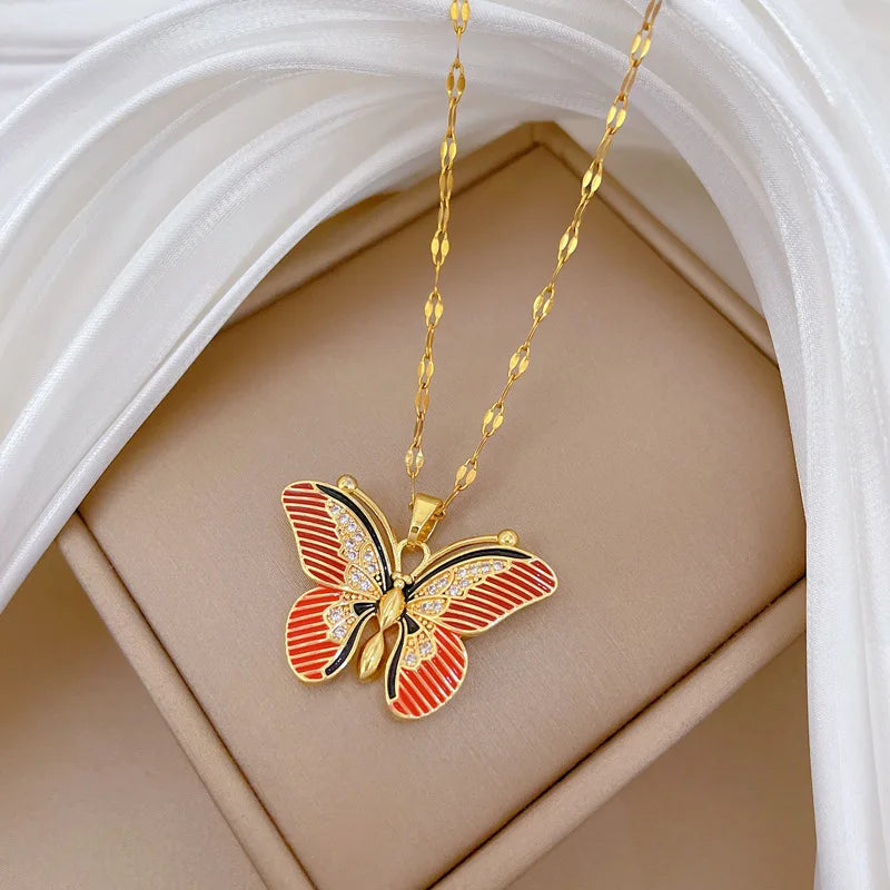 Red Butterfly Pendant Necklace – Gold Stainless Steel Choker