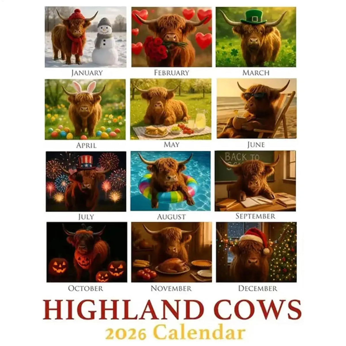 2026 Highland Cow Wall Calendar – 12 Month Monthly Planner