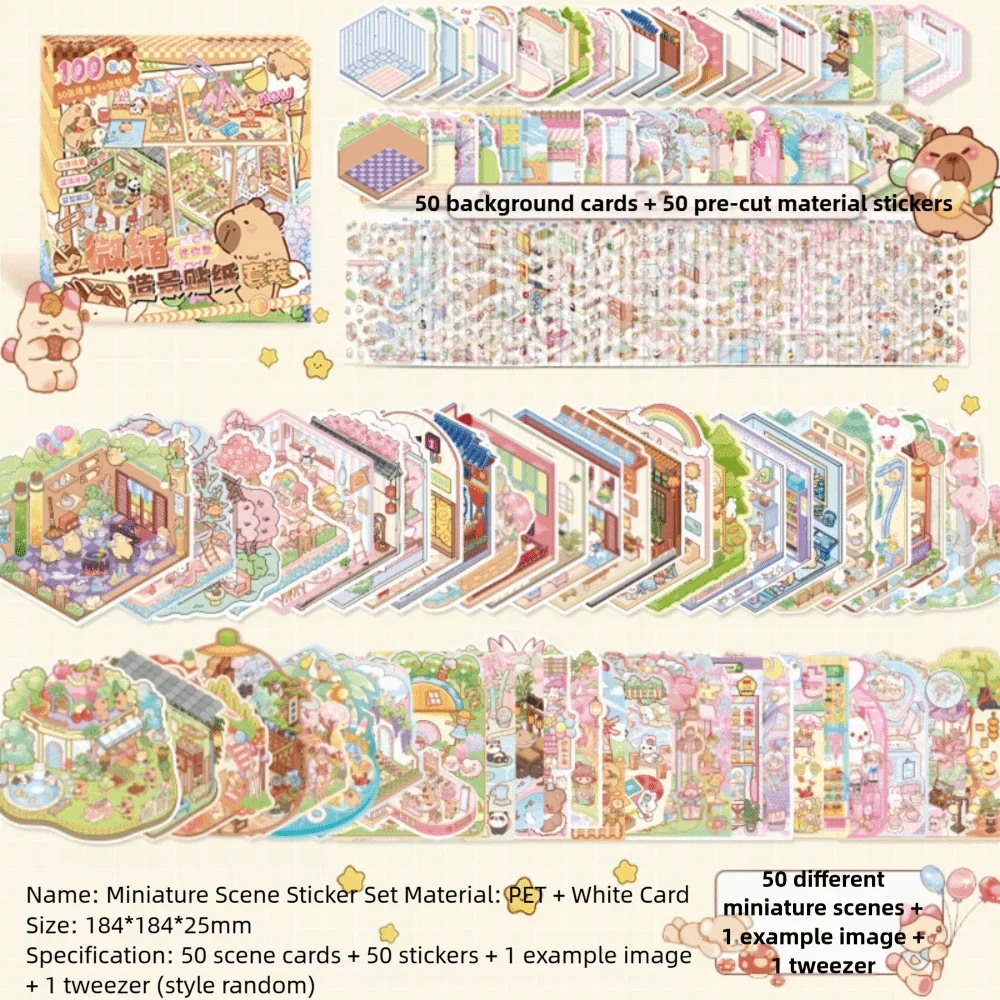 50-in-1 Miniature Scene Landscape Stickers – DIY 3D PET Pack