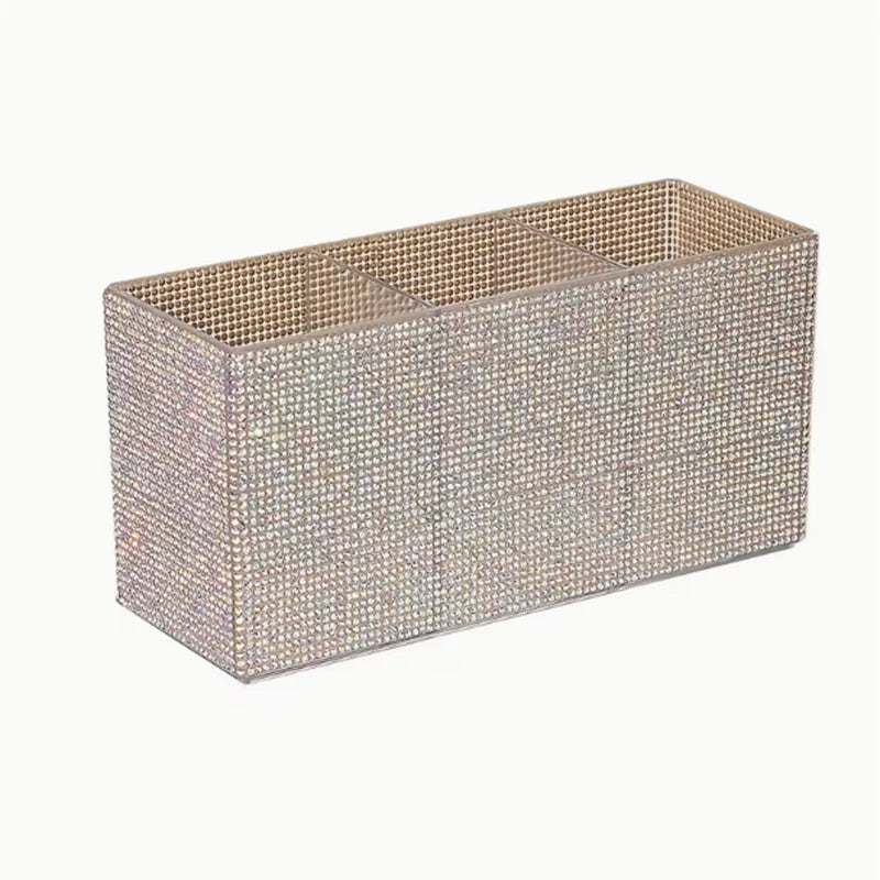 Rhinestone Makeup Brush Organizer – 3-Compartment Acrylic Box
