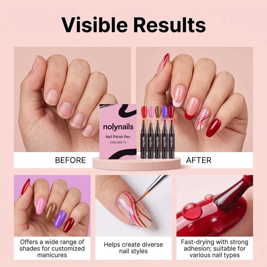 5-Color Gel Nail Polish Pen Set – Quick Dry, No UV Needed