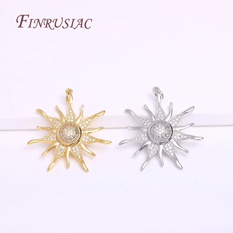 18K Gold Plated Sunflower Pendant – 33mm Brass Zircon Charm