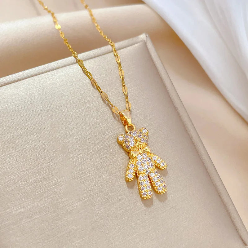 Butterfly Bow Bear Pendant Choker Necklace – Gold Stainless Steel