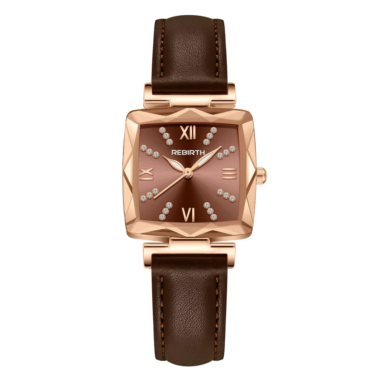 REBIRTH Square Women's Rhinestone Quartz Watch | Leather Band