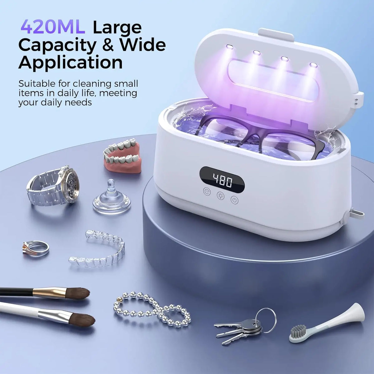 Ultrasonic Jewelry Cleaner 49kHz 24W 420ml | Glasses & Braces