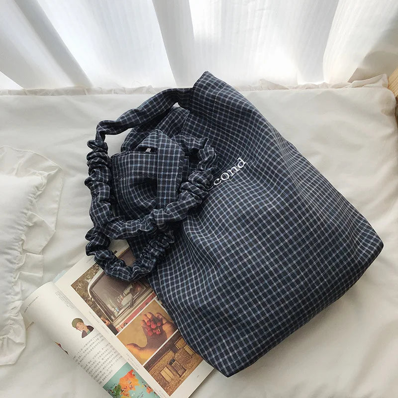 Korean Plaid Pleated Shoulder Bag – Women's Canvas Tote